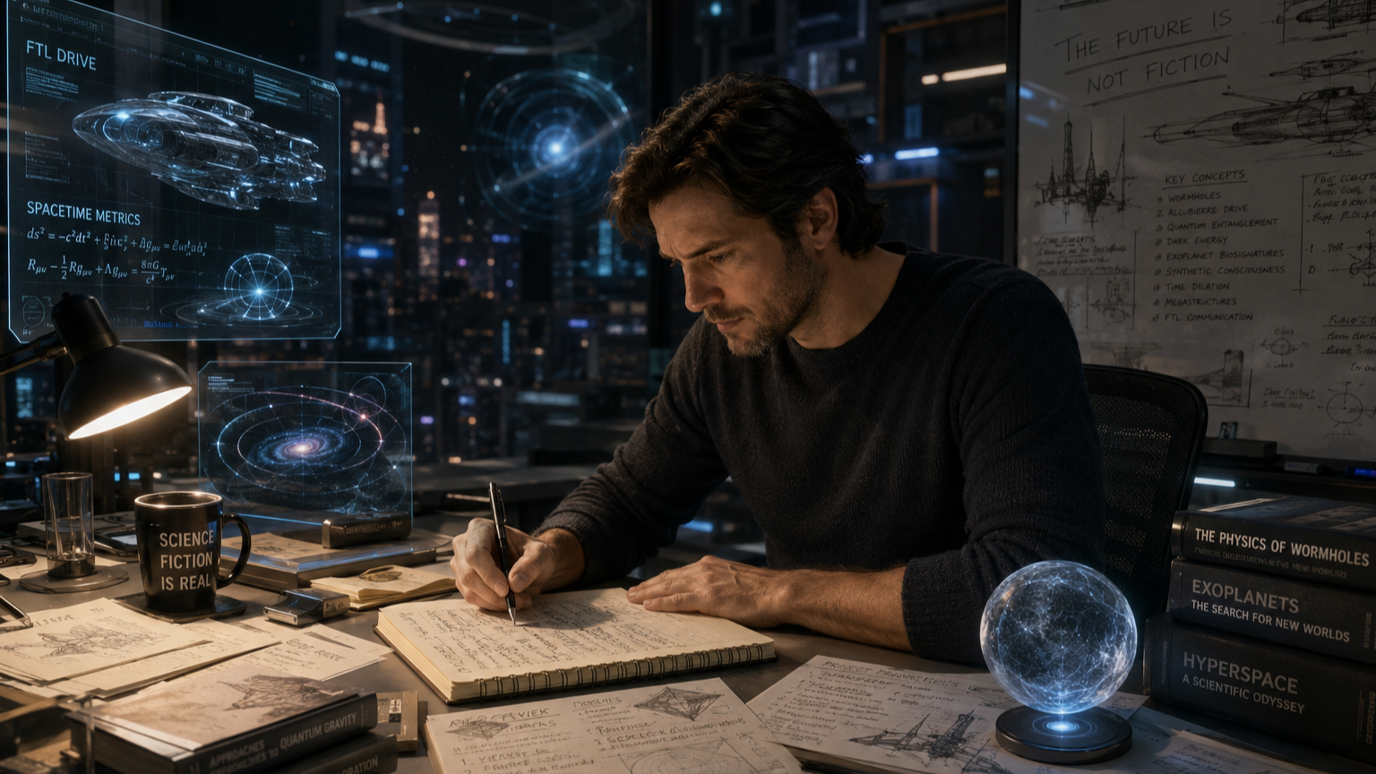 A man engaged in writing at a desk, utilizing a laptop and notebook to fuse scientific research with futuristic storytelling.
