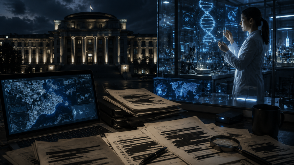 A woman in a lab coat analyzes a computer screen with classified documents, symbolizing themes of conspiracy in science fiction.