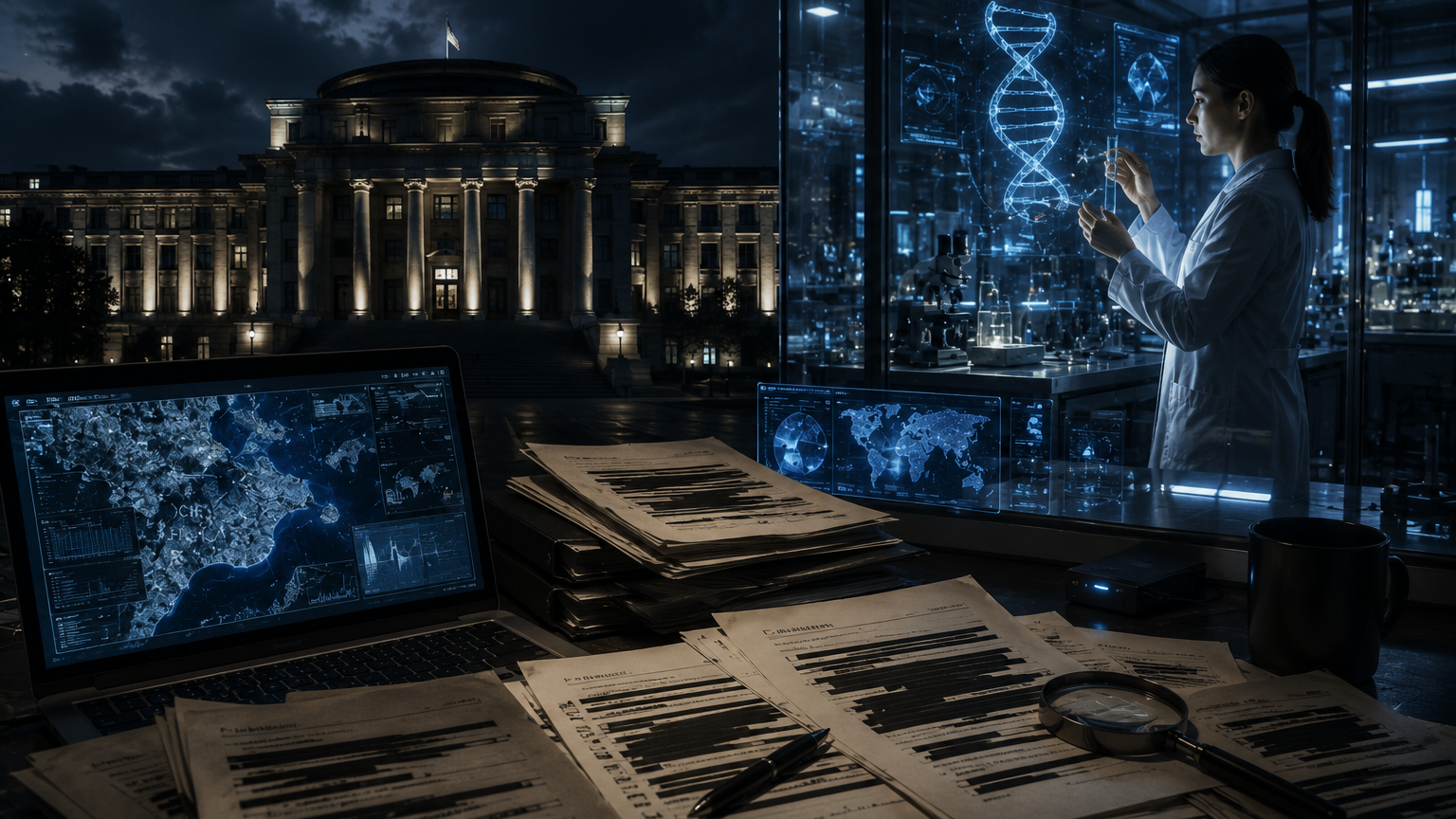 A woman in a lab coat analyzes a computer screen with classified documents, symbolizing themes of conspiracy in science fiction.
